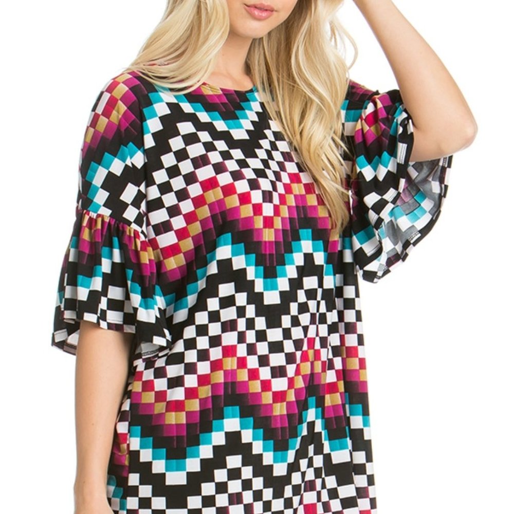 Azules Large Red Chevron Bell Sleeve Crew Neck Loose Peasant Tunic